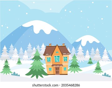 House in mountains surrounded by fir trees at winter time. Sunny winter day. Christmas winter illustration. Cartoon winter landscape.