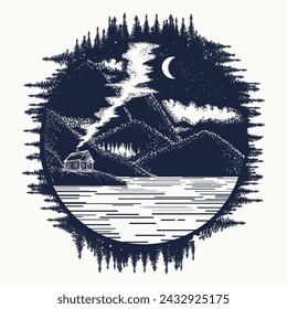 House in the mountains tattoo. Symbol of travel, adventure, rest, relaxation, tranquility. Great outdoors art. T-shirt design concept