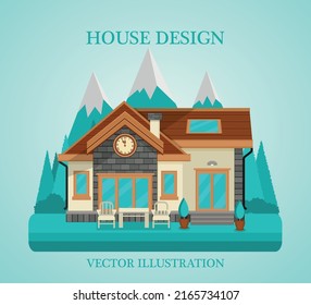 House In The Mountains. Vacation Home. Vector Illustration.  Landscape With A House.