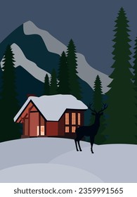 house in the mountains. winter. mountains. forest. snow. deer