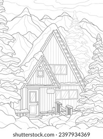 House in the mountains in winter. Vector black and white illustration. Coloring book for adults.