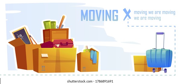 House moving banner with illustration of cardboard boxes and suitcase. Vector cartoon background with carton package for home things, tools, bags and stuff. Concept of relocation, apartment change