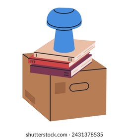 House moving box. Box with personal stuff, carton box with books and table lamp flat vector illustration. Home moving cardboard box on white