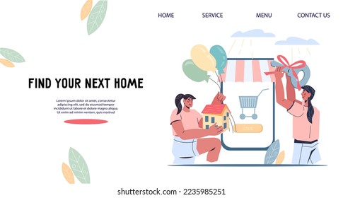 House moving, buying and rental concept. Real estate agency website banner or landing page template, flat vector illustration. Mortgage promo webpage.