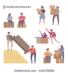 house moving day people flat design style vector graphic illustration set