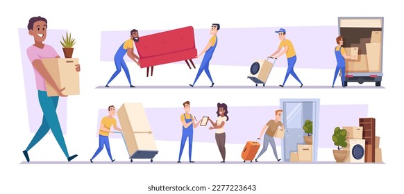 House moving. Delivery and loaders workers family relocation and moving exact vector cartoon templates