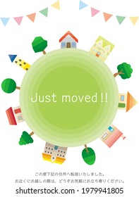 
House moving greeting card.　Vector illustration of the townscape. 
In Japanese, it says "moving" and "moving to the next address. Please drop in if you come near."