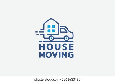 house moving logo with combination of a house and moving car as icon in line style.