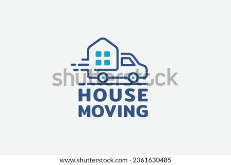 house moving logo with combination of a house and moving car as icon in line style.