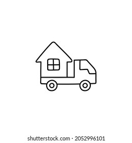 casa, icono de reubicación de casa en movimiento en estilo de línea negra plana, aislado en fondo blanco 