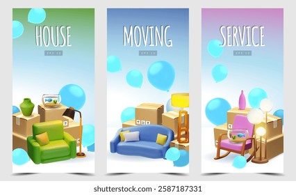 House moving service 3D flyer design vector set. Cardboard boxes stack, armchair, sofa, lamp, vase and aquarium with balloons. Take care of everything. Cartoon delivery cargo, furniture transportation