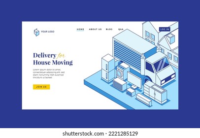 House Moving Service company landing page in linear isometric style. Minimal art line. Concept with home appliance, house, and boxes