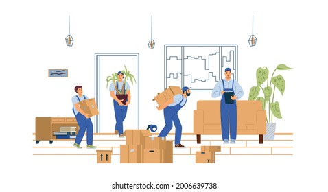 House moving service loaders carrying furniture, flat vector illustration isolated on white background. Professional delivery company workers or porters.