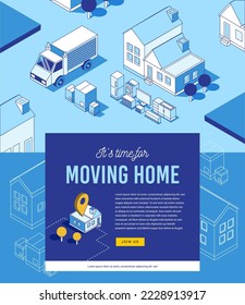 house moving services illustration with box trucks car house appliance boxes classic house