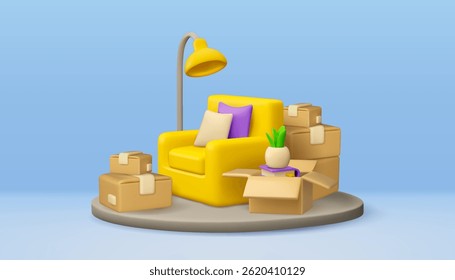 House moving vector 3d illustration. Furniture relocation, armchair with cardboard boxes, lamp and house plant. Removal service banner template