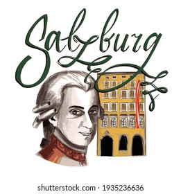 House of Mozart. Festive and Bright illustration of Salzburg symbols.Salzburg lettering.