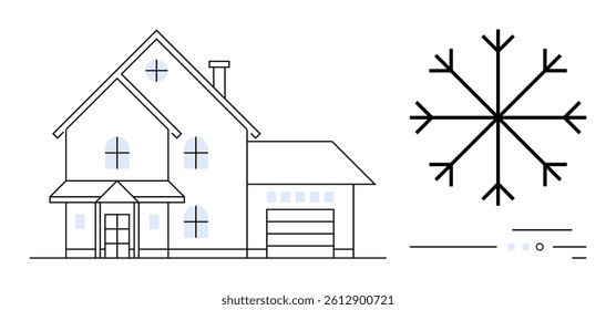 House with multiple windows and garage adjacent to a large snowflake symbol. Ideal for winter season concepts, home heating ads, weather forecasts, real estate marketing, seasonal greetings