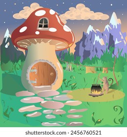 The house is a mushroom and a cat nearby, brewing a potion, a potion, a medicine in a cauldron. Vector illustration. In his yard, the cat Sorcerer brews a potion in the evening on the fire. Mountains