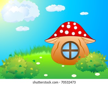 House of the mushroom standing on a lush green meadow