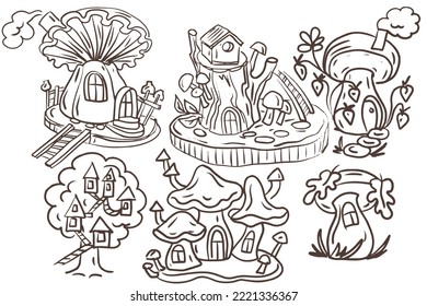 
House mushrooms pumpkin fabulous magical children's cartoon character forest mushrooms leaves hand drawn sketch doodle graphics separately on a white  fairy tale stories magical forest coloring book