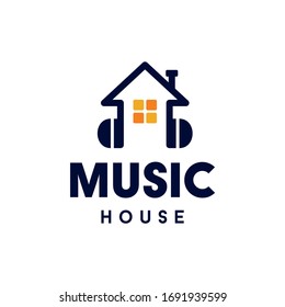 house music logo with headphone icon in modern minimal style, stay home