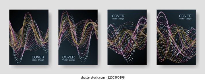 House Music Party Posters with Colorful DJ Equalizer. Vector Abstract Brochures for Night Disco Event. Gradient Neon Equalizer Covers Design. Club Music Posters with Pink Gold Sound Wave Amplitude.