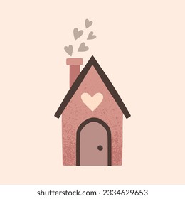 A house in a naive children's style. An illustration of a cartoon primitive autumn-colored house. Clipart for the design of greeting cards, invitations, prints, stickers and patterns. 