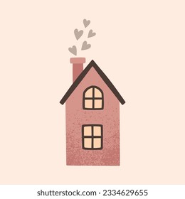 A house in a naive children's style. An illustration of a cartoon primitive autumn-colored house. Clipart for the design of greeting cards, invitations, prints, stickers and patterns. 