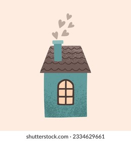 A house in a naive children's style. An illustration of a cartoon primitive autumn-colored house. Clipart for the design of greeting cards, invitations, prints, stickers and patterns. 