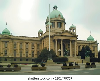 House of the National Assembly
of Serbia in Nikola Pasic Square, Belgrade. Cloudy spring view.