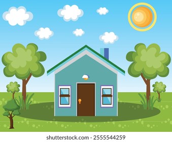 A house and the nature background with tree, sun, clouds vector illustration