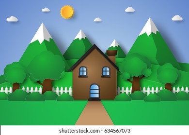 House with nature landscape , hill and mountain , paper art style