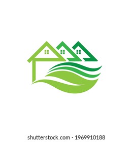 House Nature with Leaf. Cabin Village Home Vacation Rent Logo design