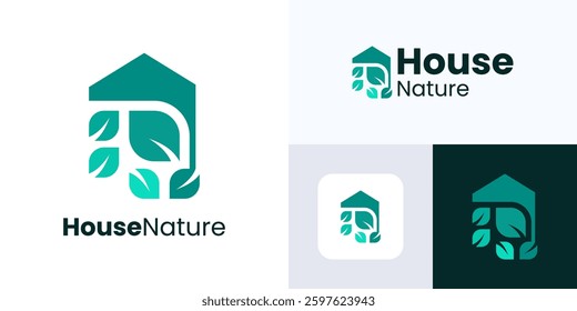 House nature logo design, Garden green environment, House logo with natural leaves, Leaf home logo for Real estate, Residential, Forest, Villa, Construction, Green house, Business, Nature home logo.