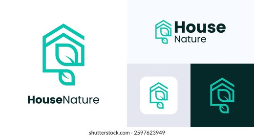 House nature logo design, Garden green environment, House logo with natural leaves, Leaf home logo for Real estate, Residential, Forest, Villa, Construction, Green house, Business, Nature home logo.