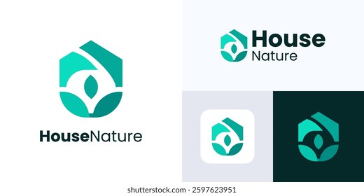 House nature logo design, Garden green environment, House logo with natural leaves, Leaf home logo for Real estate, Residential, Forest, Villa, Construction, Green house, Business, Nature home logo.