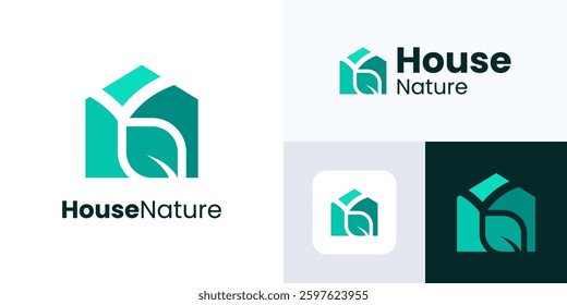 House nature logo design, Garden green environment, House logo with natural leaves, Leaf home logo for Real estate, Residential, Forest, Villa, Construction, Green house, Business, Nature home logo.