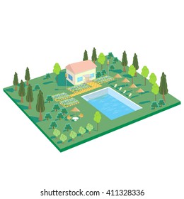 House in nature with pool, trees, recreation area. Isometric vector rest home, sanatorium