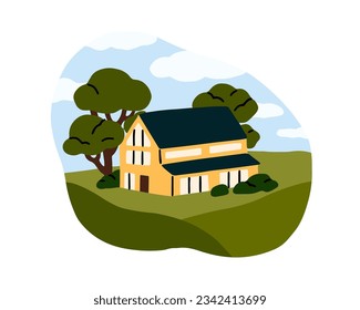 House in nature. Rural suburban home building outdoor. Countryside real estate, exterior. Secluded country private mansion, detached property. Flat vector illustration isolated on white background.