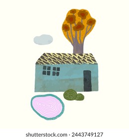 House and nature. watercolor vector illustration.	