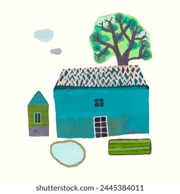 House and nature. watercolor vector illustration.	