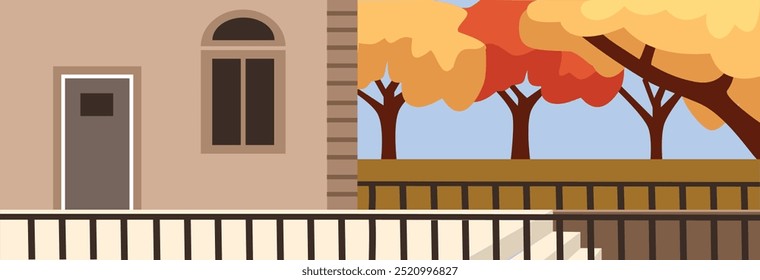 Casa cerca del bosque en temporada de otoño. Fachada de la casa de otoño. Escaleras en frente de la casa. Puente al lado de la casa. Ilustración de la casa de la puerta principal.