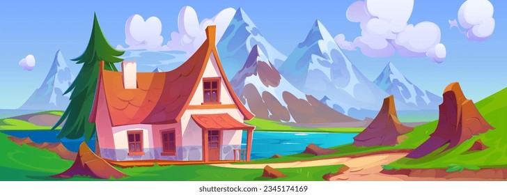 Casa cerca del lago y de la escena del vector de dibujos animados de montaña. Casa de campo canadiense en verano con paisaje alpino y colina con roca. Edificio de cabañas en el campo austriaco al aire libre con césped y pino