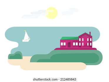 House near ocean. Vector illustration of landscape with villa, beach, sun in the sky and cute sailboat. Traveling theme series. Flat style. Vector file is EPS8, all elements are grouped.