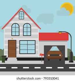 House near the road with a car in the garage