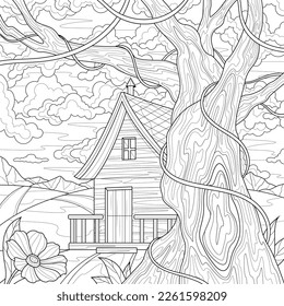 House near the tree.Coloring book antistress for children and adults. Illustration isolated on white background.Zen-tangle style. Hand draw