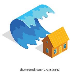 House near tsunami giant water wave real estate insurance concept vector isometric illustration isolated on white background, natural disaster protection.