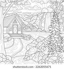 House near waterfall and mountains.Coloring book antistress for children and adults. Zen-tangle style. Hand draw