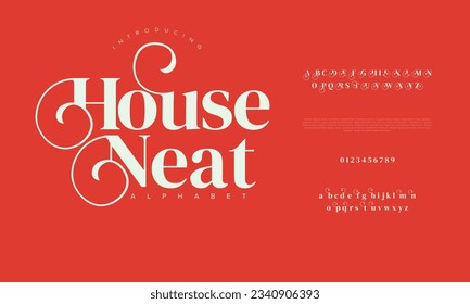 House neat premium luxury elegant alphabet letters and numbers. Elegant wedding typography classic serif font decorative vintage retro. Creative vector illustration