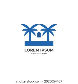 House negative space between coconut trees logo icon sign design concept. Vector illustration. Isolated object on white background